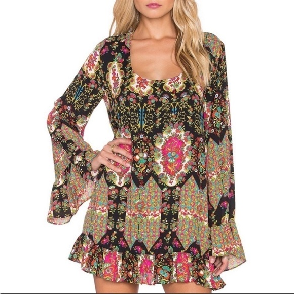 Show Me your Mumu Margot black patterned bell sleeve boho mini dress size small - Picture 1 of 8
